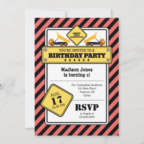 Coral Construction Birthday Invitation