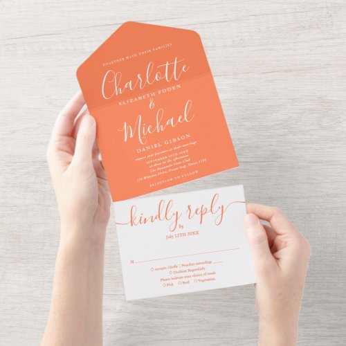 Coral Contemporary Script Minimalist Wedding All In One Invitation