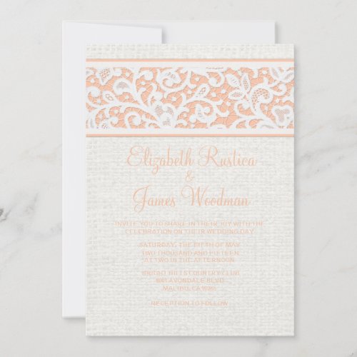 Coral Country Burlap Wedding Invitations