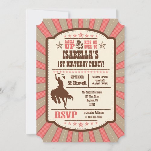 Coral Cowboy Rodeo Birthday Party Invitation