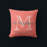 Coral Cream Family Monogram Throw Pillow<br><div class="desc">Personalized gray and cream text monogrammed pillow with your family name and last name initial and wedding date in a typography overlay design on a coral background. Elke Clarke© for MonogramGallery at Zazzle. Makes a great gift for newly weds. Great for your bedroom, favorite chair, as fun decor in your...</div>