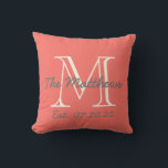 Coral Cream Family Monogram Throw Pillow<br><div class="desc">Personalized gray and cream text monogrammed pillow with your family name and last name initial and wedding date in a typography overlay design on a coral background. Elke Clarke© for MonogramGallery at Zazzle. Makes a great gift for newly weds. Great for your bedroom, favorite chair, as fun decor in your...</div>