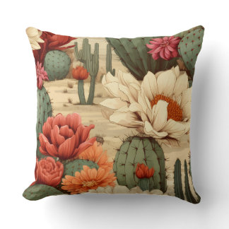 Coral Cream Red Floral Green Cactus Desert Garden  Throw Pillow