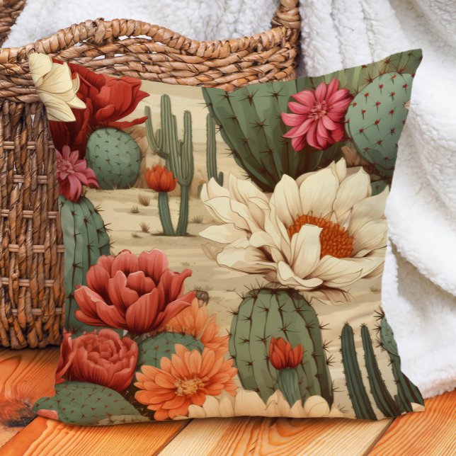 Coral Cream Red Floral Green Cactus Desert Garden  Throw Pillow (Desert cactus and succulents pillow)