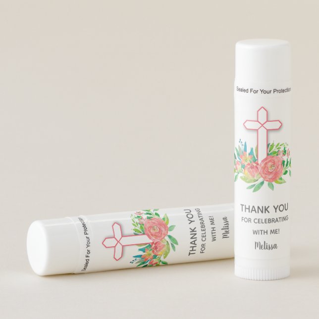 Coral Cross & Flowers Religious Thank You Lip Balm (Front)