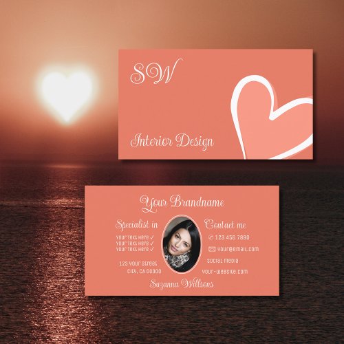 Coral Cute Pink Heart Chic with Monogram and Photo Business Card