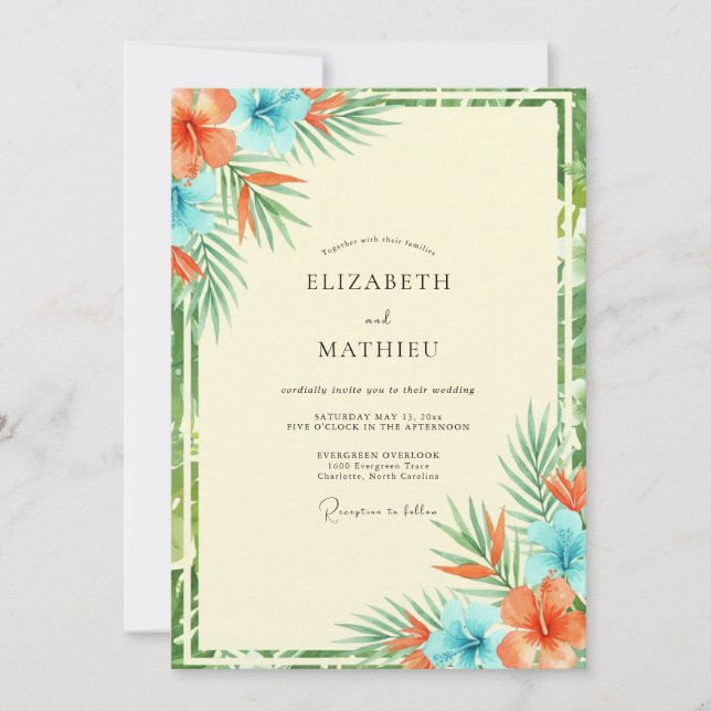 Coral Cyan Tropical Eucalyptus Wedding Invitation (Front)