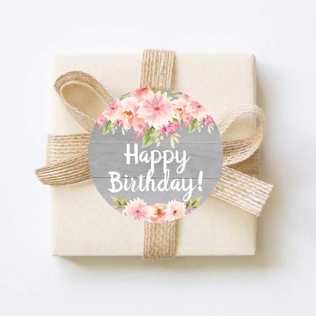 Coral dahlia flowers gray happy birthday classic round sticker (Creator Uploaded)