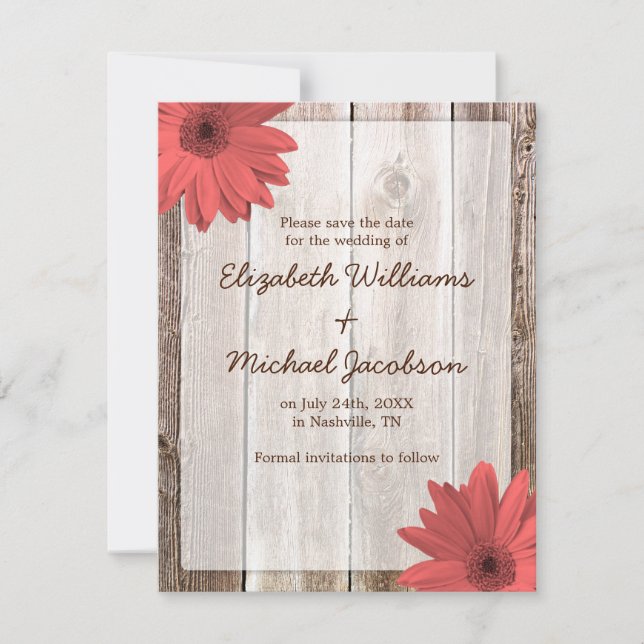 Coral Daisy Barn Wood Save the Date Announcement (Front)