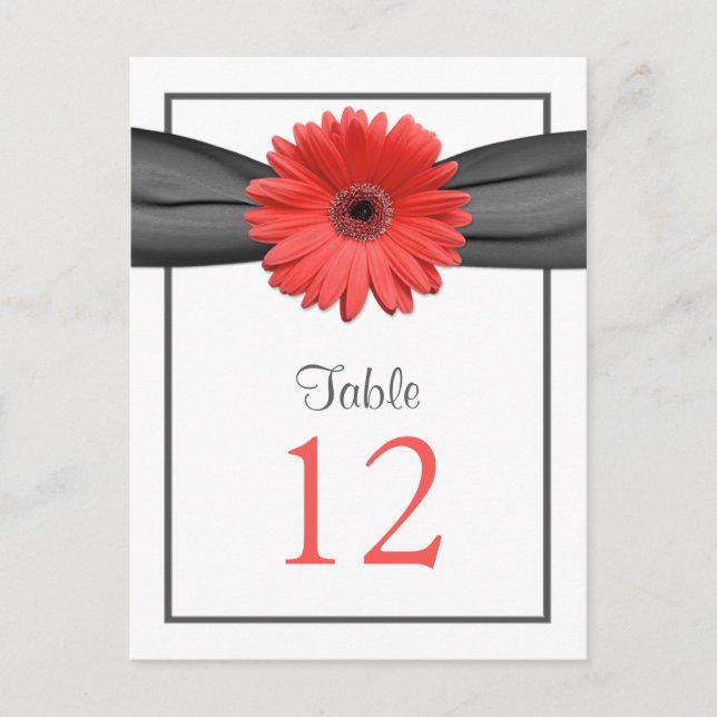 Coral Daisy Grey Gray Ribbon Table Number Card (Front)