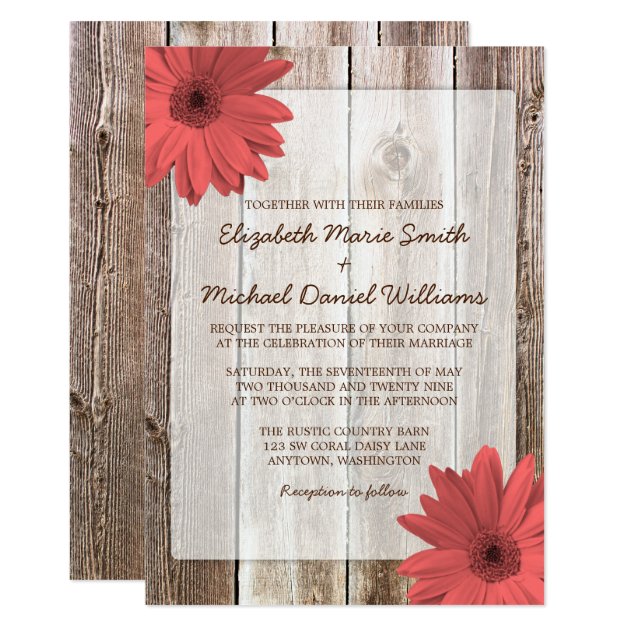 Coral Daisy Rustic Barn Wood Wedding Invitation