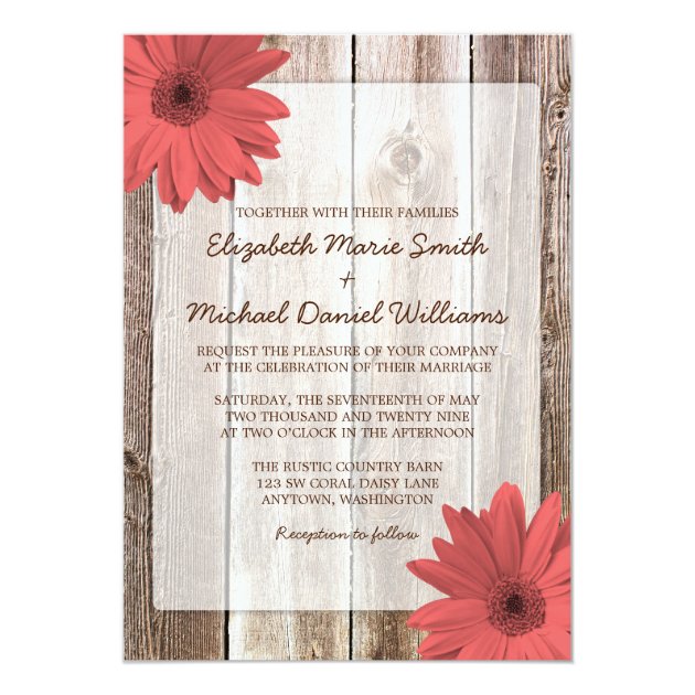 Coral Daisy Rustic Barn Wood Wedding Invitation
