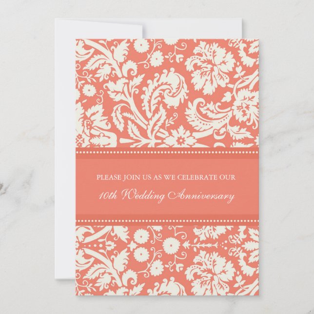 Coral Damask 10th Anniversary Party Invitation (Front)