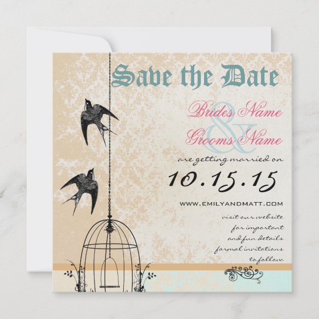 Coral Damask Bird Cage Wedding Save the Date Invitation (Front)