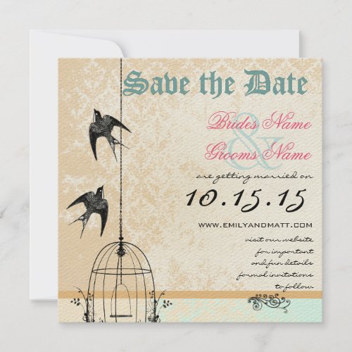 Coral Damask Bird Cage Wedding Save the Date Invitation