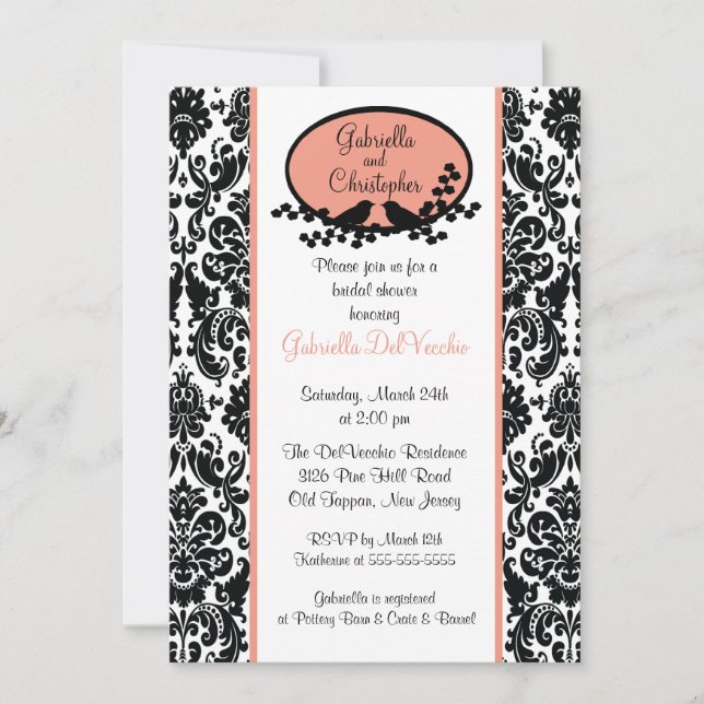 Coral Damask Bridal Shower Invitation (Front)