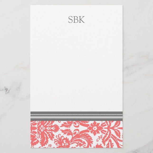 Coral Damask Custom Monogram Stationery (Front)