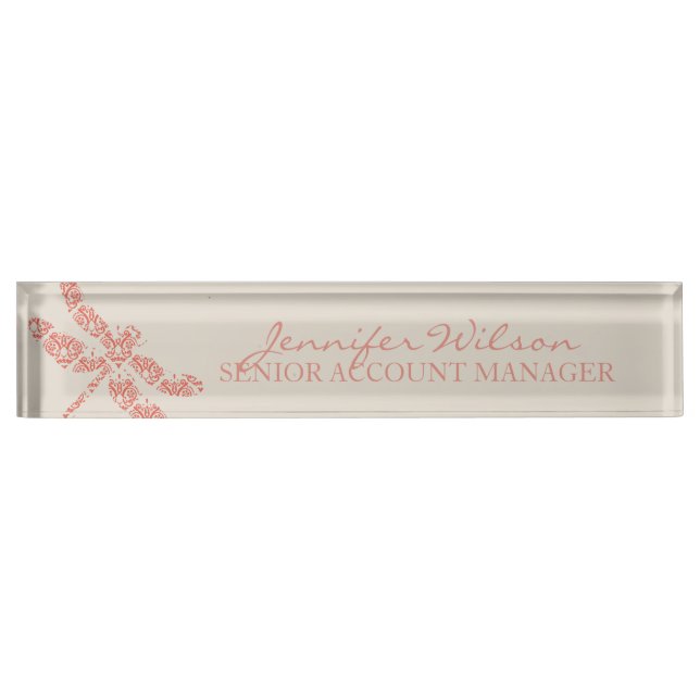 Coral Damask Dragonfly Wedding Name Plate (Front)