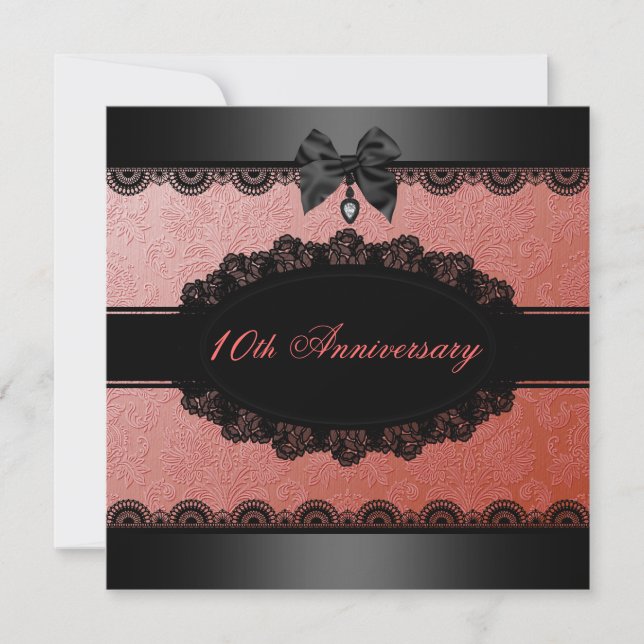 Coral Damask & Lace Wedding Anniversary Invite (Front)