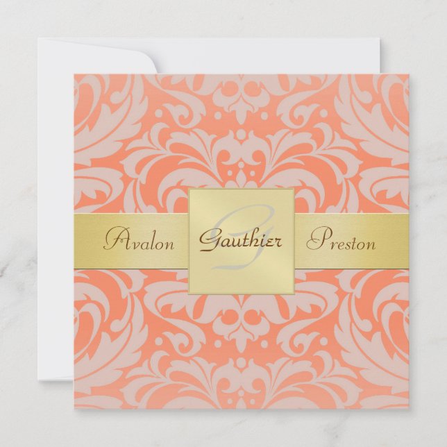 Coral Damask Monogram Gold Ribbon Invitation (Front)