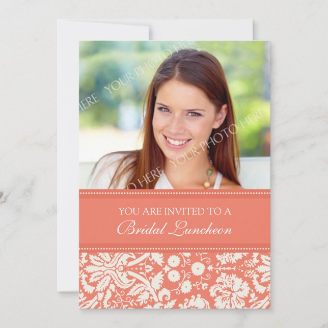 Coral Damask Photo Bridal Luncheon Invitation Card (Front)