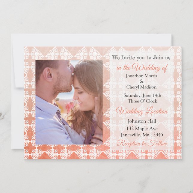 Coral Damask Photo Wedding Invites (Front)