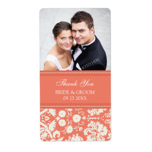 Coral Damask Photo Wedding Labels