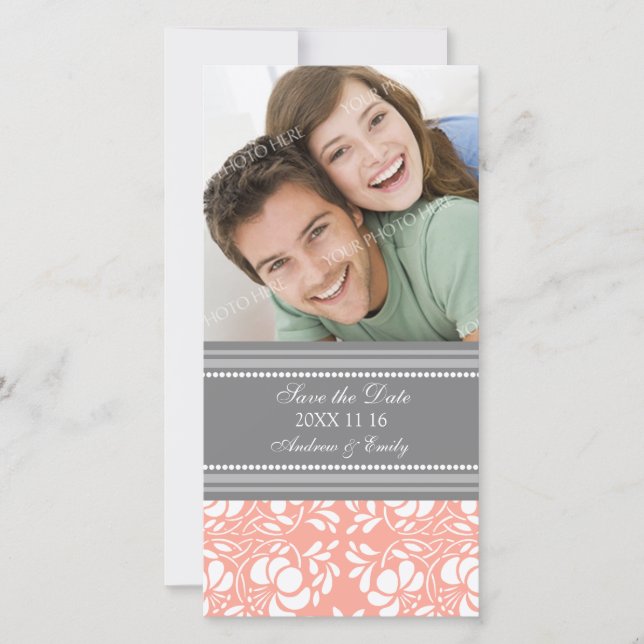 Coral Damask Save the Date Wedding Photo Cards (Front)