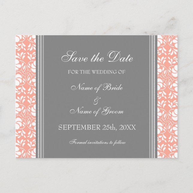 Coral Damask Save the Date Wedding Postcards (Front)