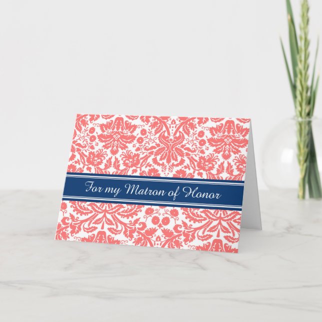 Coral Damask Thank You Matron of Honor Card (Front)