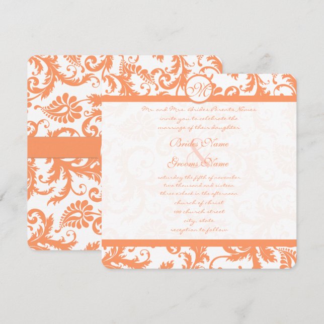 Coral Damask Wedding Invitation (Front/Back)