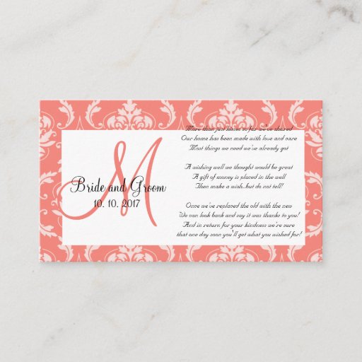 Customizable Coral Damask Wedding Wishing Well Card Business Cards