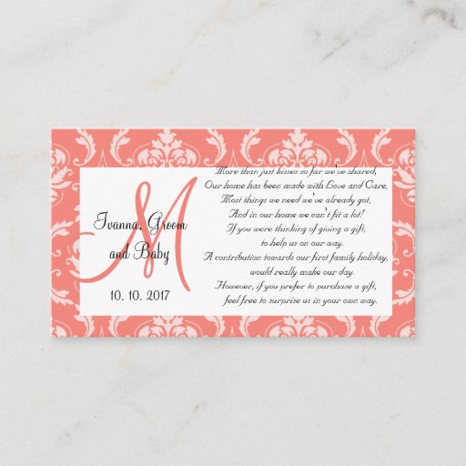 Customizable Coral Damask Wedding Wishing Well Cards 2 Business Card Template