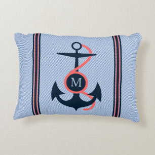 Coral & Dark Blue Boat Anchor & Decorative Stripes Accent Pillow