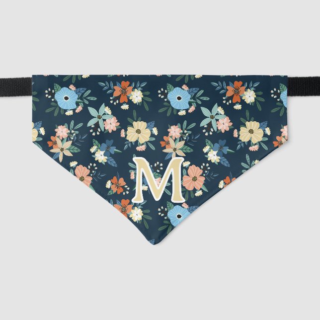Coral & Dark Blue Floral Pattern Monogram Pet Bandana Collar (Front)