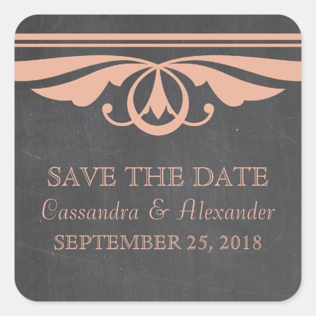 Coral Deco Chalkboard Save the Date Stickers (Front)