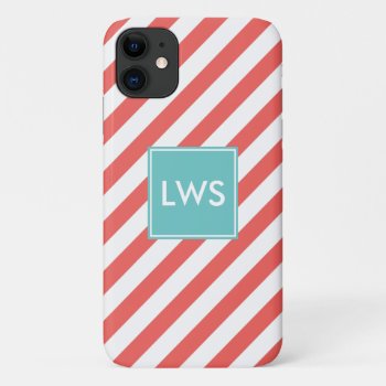 Coral Diagonal Stripes Monogram Iphone 11 Case by heartlockedcases at Zazzle