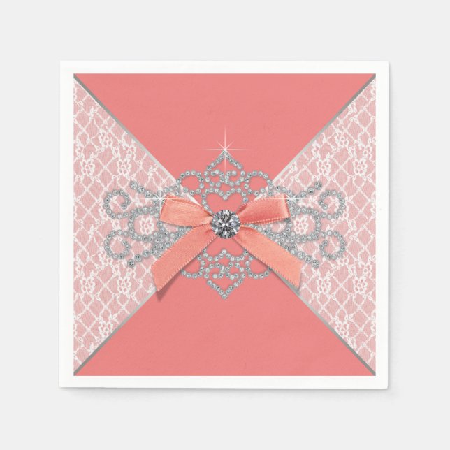 Coral Diamond Lace Party Paper Napkins (Front)