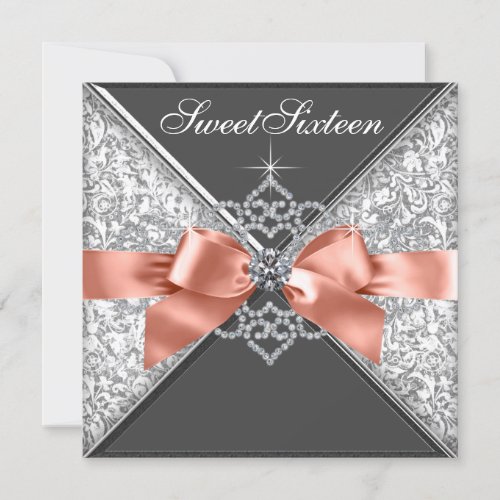 Coral Diamond Sweet 16 Birthday Party Invitations