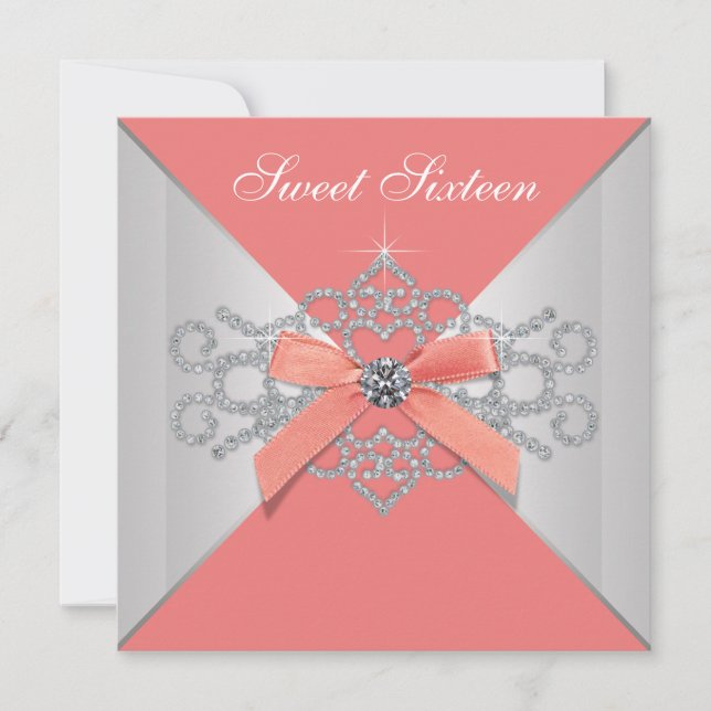 Coral Diamonds and Coral Birthday Party Invitation (Front)
