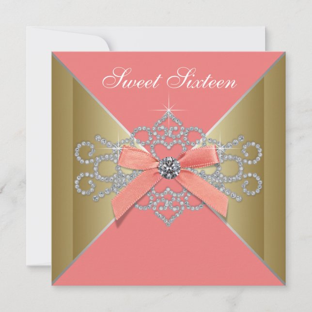 Coral Diamonds Coral Gold Sweet 16 Birthday Party Invitation (Front)