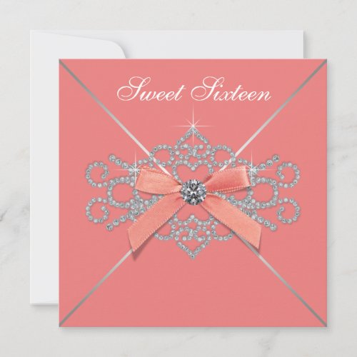 Coral Diamonds Coral Sweet 16 Birthday Party Invitation