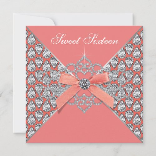 Coral Diamonds Coral Sweet 16 Birthday Party Invitation