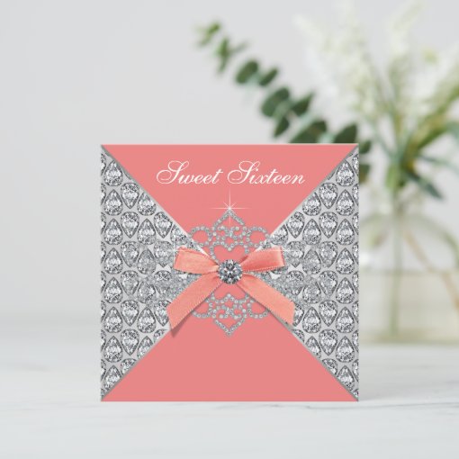 Coral Diamonds Coral Sweet 16 Birthday Party Invitation Zazzle