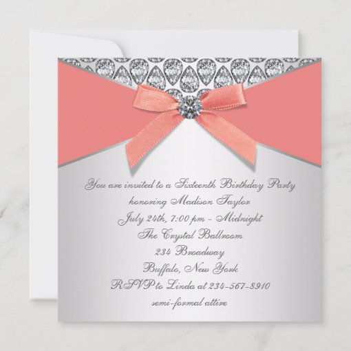 Coral Diamonds Coral Sweet 16 Birthday Party Invitation | Zazzle