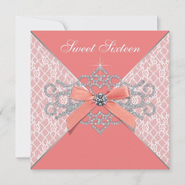 Coral Diamonds Coral Sweet 16 Birthday Party Invitation (Front)