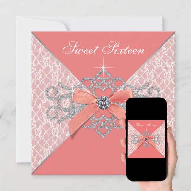 Coral Diamonds Coral Sweet 16 Birthday Party Invitation Zazzle