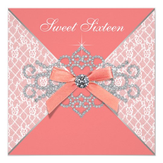 coral diamonds coral sweet 16 birthday party invitation zazzle com