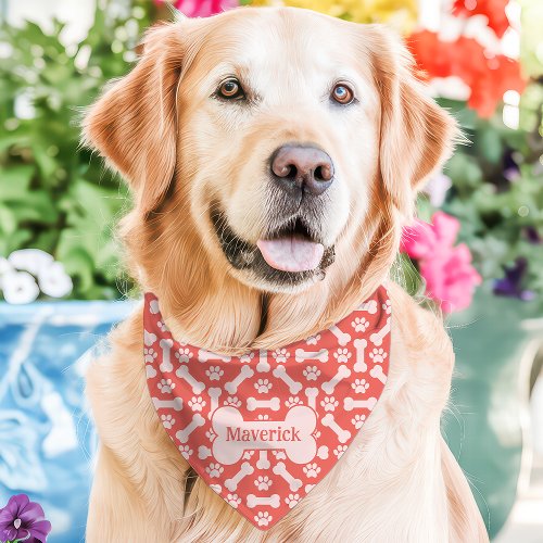 Personalized Pet Gifts 10 Coral Dog Bones Paw Print Custom Name Pet Bandana Collar
