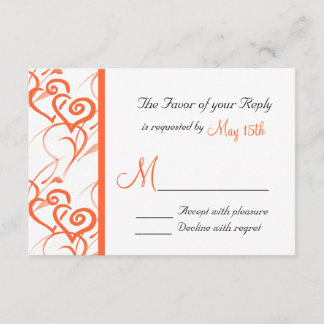 Coral Double Hearts Swirls Vines Wedding RSVP Card